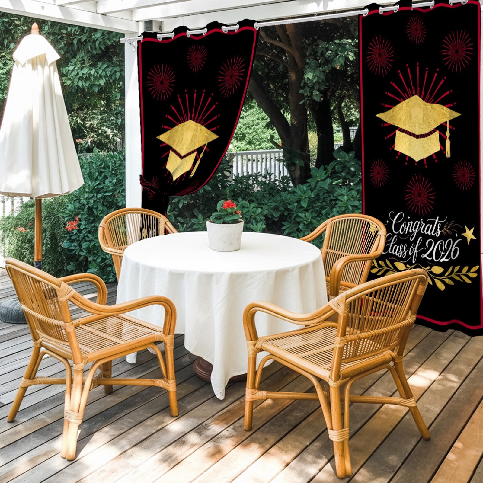 Gold Graduation Cap Outdoor Curtains for Patio, Class of 2026 Black Academic Modern Sunshade Privacy Drapes Grommet Waterproof Outside Curtains for Porch/Cabana/Balcony 54"x 108", 2 Panel