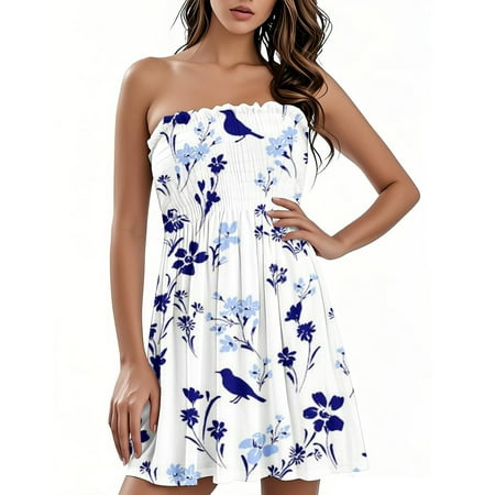 OAMDNDEA Summer Dresses for Women Boho Vacation Sundresses Strapless Sleeveless Tube Top Dress Trendy Plus Size Short Dress Beach Vacation Clothes White L