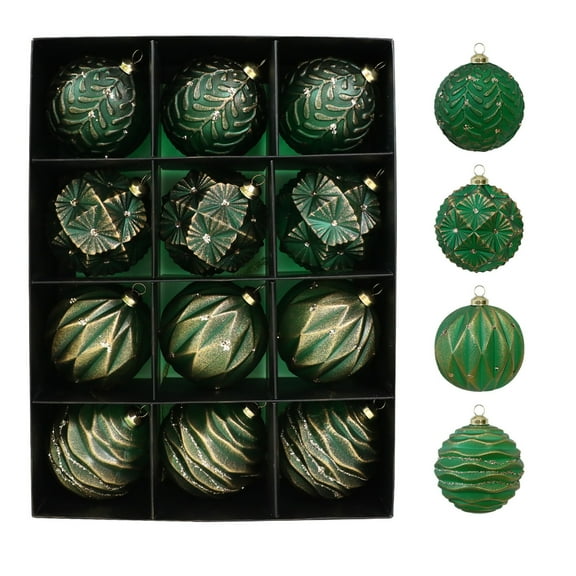 12PCS Green and Gold Rustic Christmas Ball Ornaments, 3.14" Vintage Shatterproof Xmas Tree Decorations, Large Neutral Farmhouse Christmas Ornaments Set,Luxury Holiday Balls for Tree, Home Decor (A)