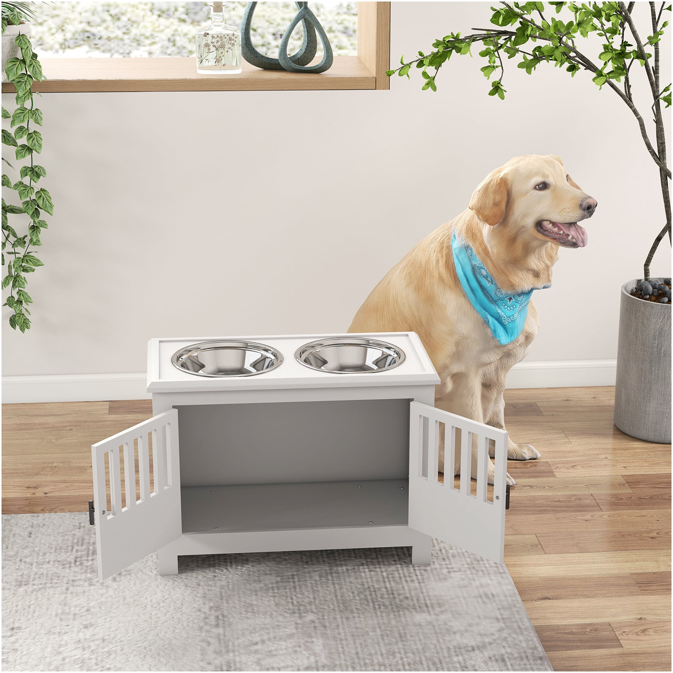JERFIT Elevated Dog Feeder Stand with Storage Cabinet, 37L Pet Food Organizer, Raised Stainless Steel Bowls for Large Dogs, White