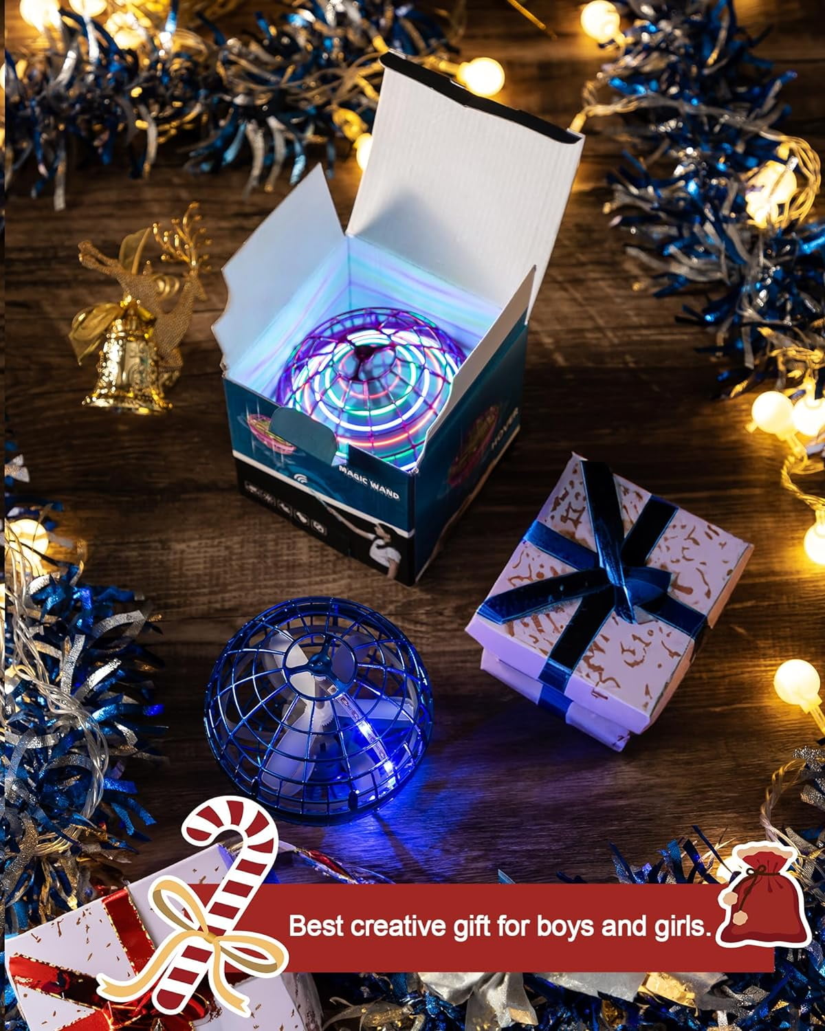 Flying Orb Ball (2Pcs, 2024 Upgraded) with Dazzling Lights, Hover Orb Spinner Toy, Hand Drone Orbit, Cool Toys Gifts for Boys Girls Teens, Floating Drone Cosmic Globe, Indoor Outdoor Toys(Blue)