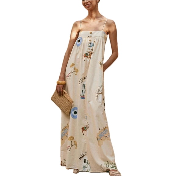 Women's Bohemian Print Cami Maxi Dress with Pockets 95% Cotton 5% Spandex Comfortable Everyday Dress Easy Care