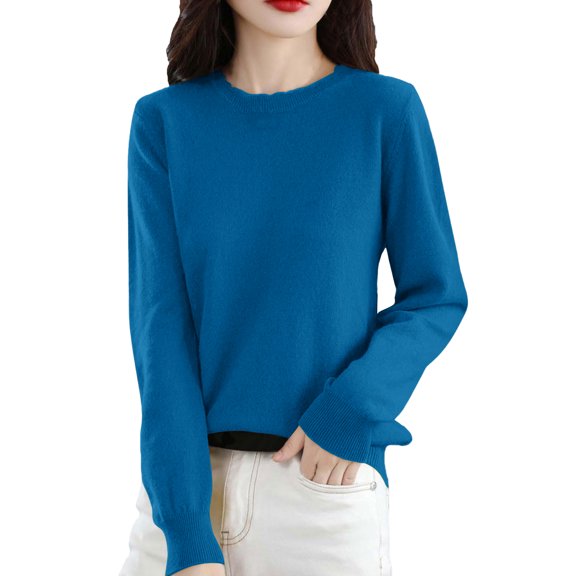 WTOBBY Women's Casual Lace Round Neck Base Layer Sweater, Knitted Long Sleeve Solid Color Top with Decorative Lace, Elegant and Comfortable Wear,Blue S