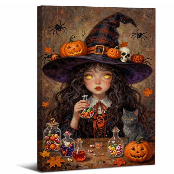 Framed Cute Witch Girl Canvas Wall Art,Halloween Witch Hat Pumpkin Candy Jars canvas print for bathroom bedroom living room decor,8x12in