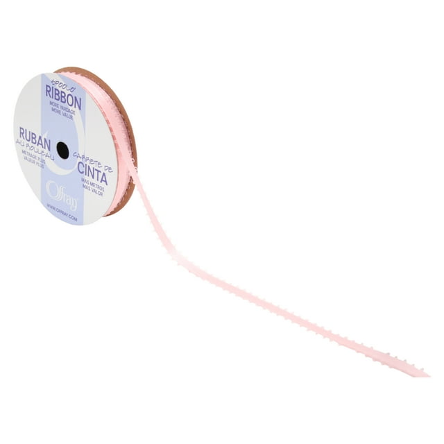 SOR CAR 3/16 FESATIN spool of light pink scalloped-edge ribbon, partially unrolled on a white background, designed for party supplies and gift wrapping, often used as a decorative accent for presents and crafts.