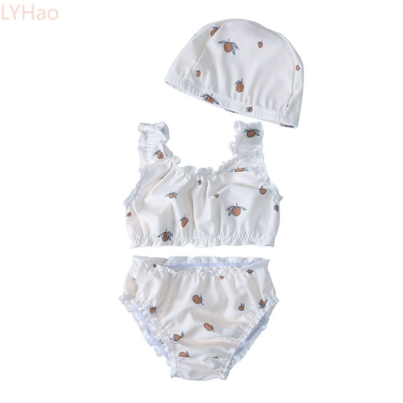 LYHao Kids Girls Three Piece Swimsuit Girls' Swimwear Floral Striped Dot Swimming Suits Bathing Suit For Toddler Girls Swim Trunk With Swimming Cap,Swimwear Sets 2-3 Years Beige