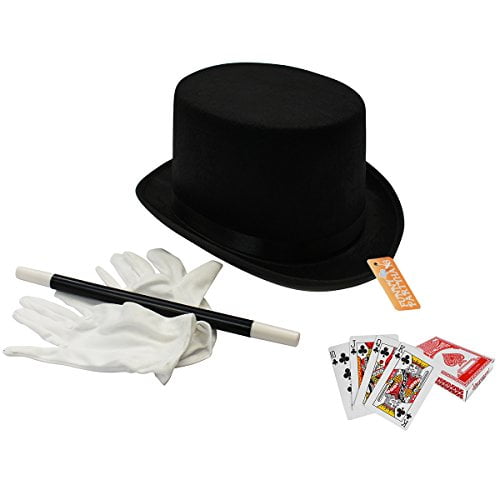Wand Magician Hat 4 Pc Set Gloves & Bonus Cards Funny Party Hats Magician Costume Magician Kit for Kids 