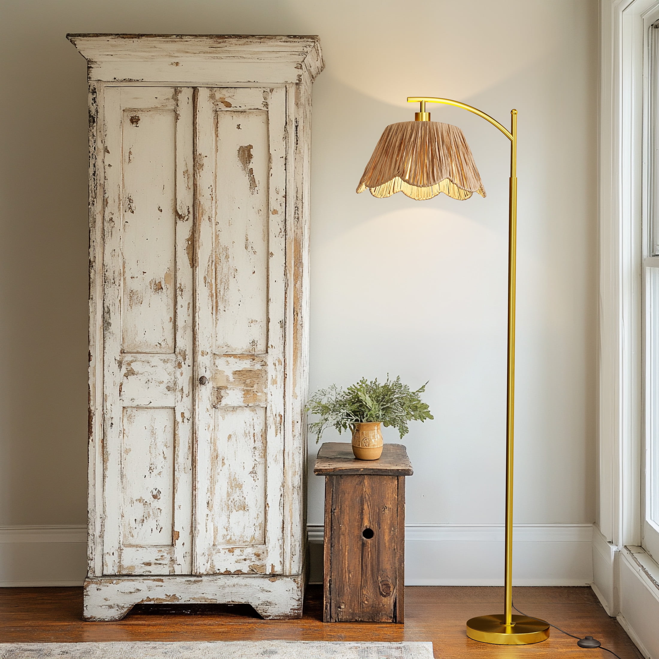 Oneach 62.5" Floor Lamp for Living Room, Boho Standing Lamp with Flower Raffia Shade for Bedroom,Home