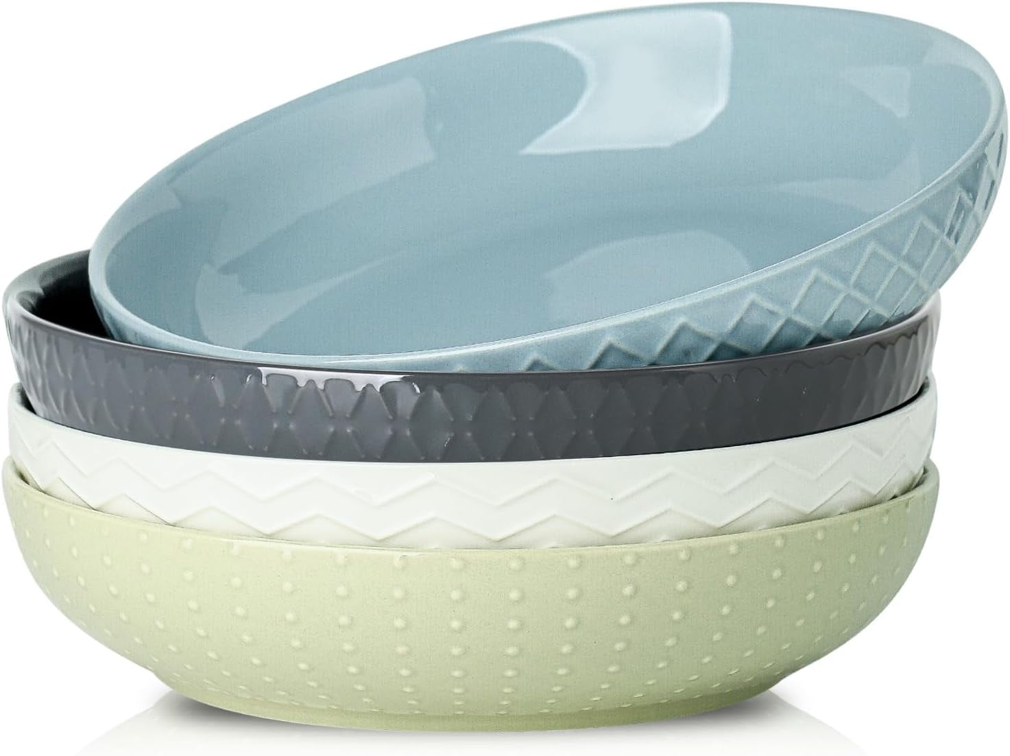 9" Large Pasta Bowls, 42 OZ Ceramic Salad Bowls Set of 4 for Serving Pasta, Soup, Salad and Dinner, Embossed Wide and Shallow Pasta Plates for Kitchen and Eating, Microwave Safe, Colorful
