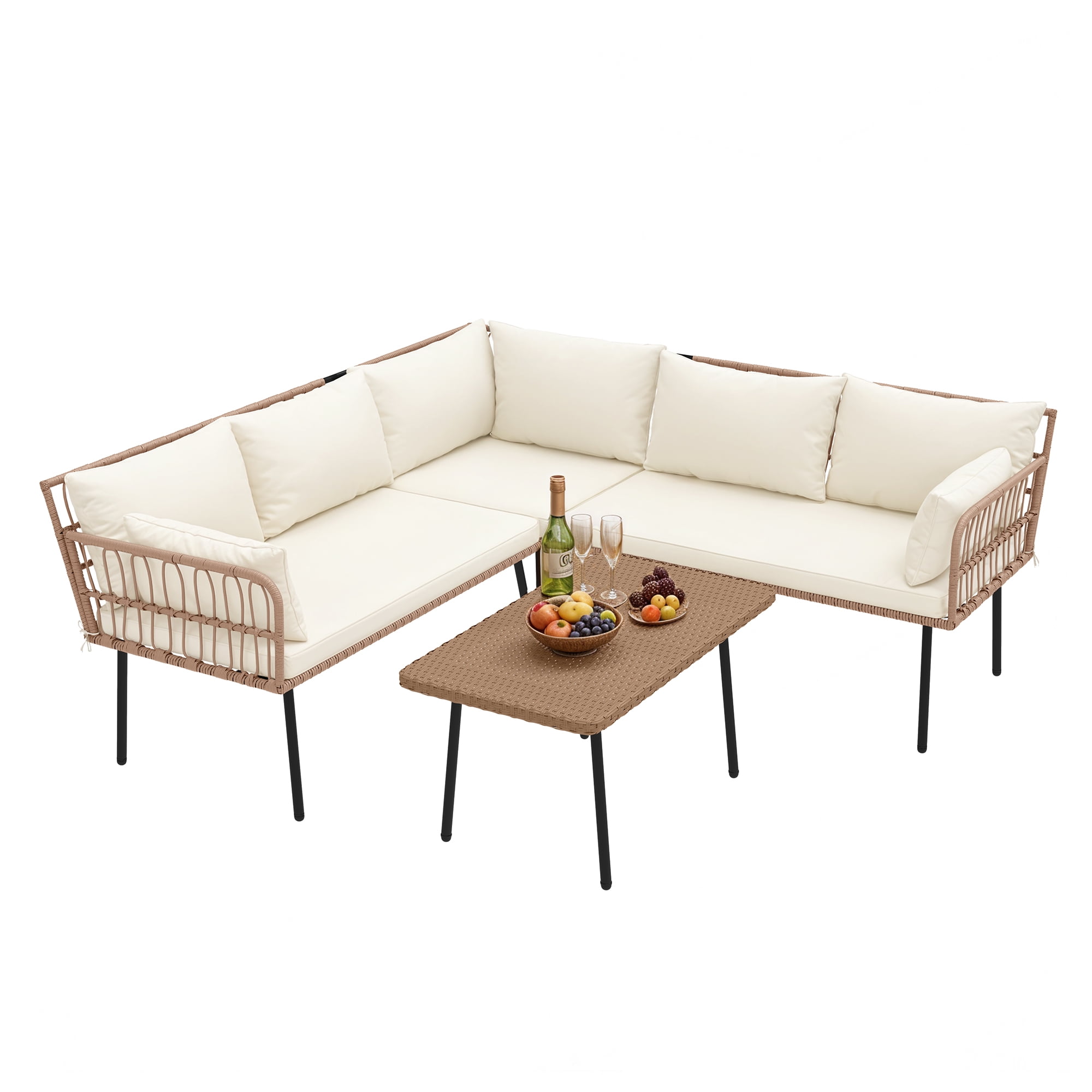 Uforic 4 Pieces Patio Conversation Set,Wicker Outdoor Furniture Set, All-Weather PE Rattan Sectional L-Shaped Sofa with Coffee Table - Beige