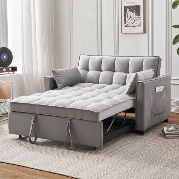 Tzicr Velvet Futon Sofa Bed Modern Convertible Couch with Adjustable Backrest and Storage, Gray