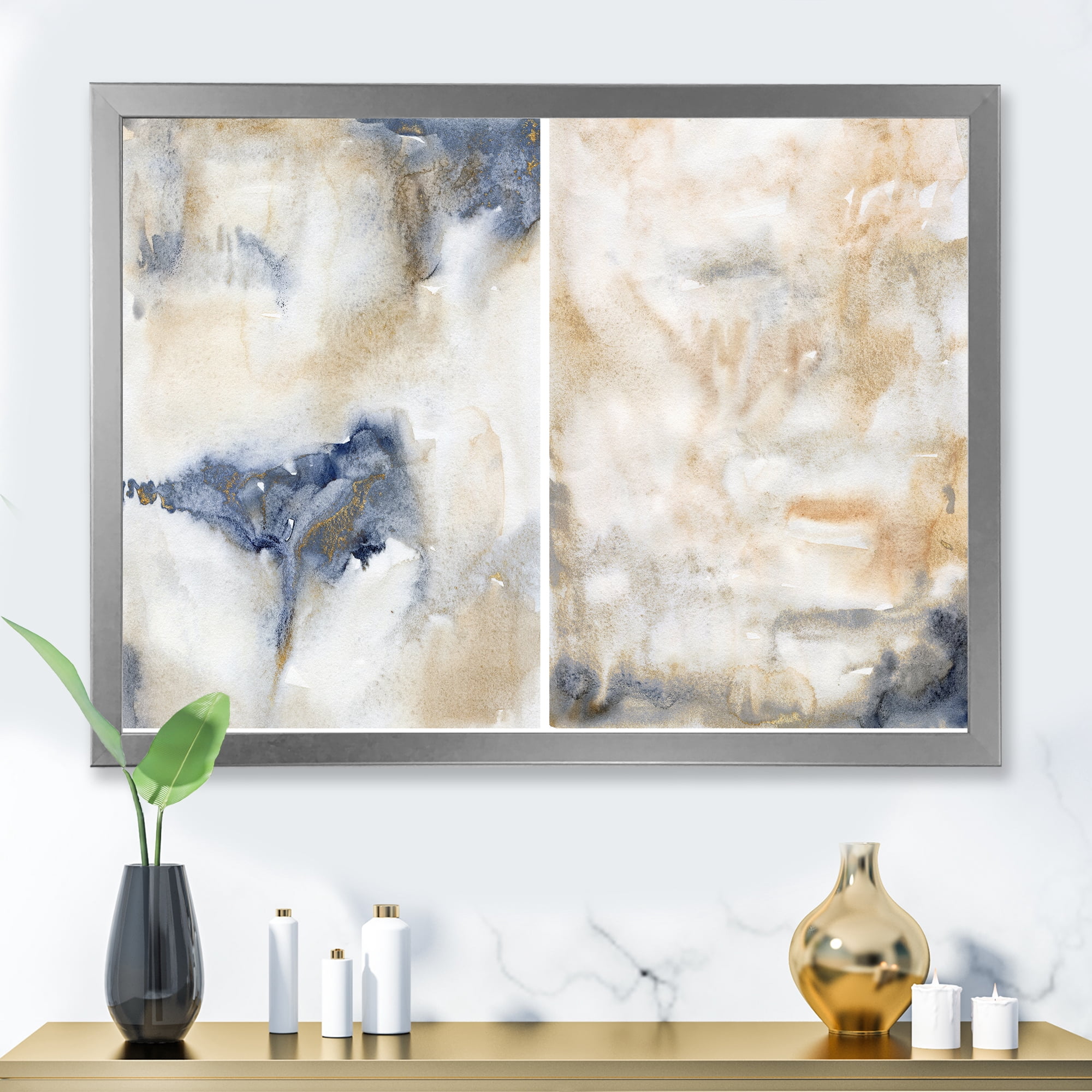 Designart 'Abstract Gold Beige Pink and Dark Pastel Strokes' Modern Framed Art Print