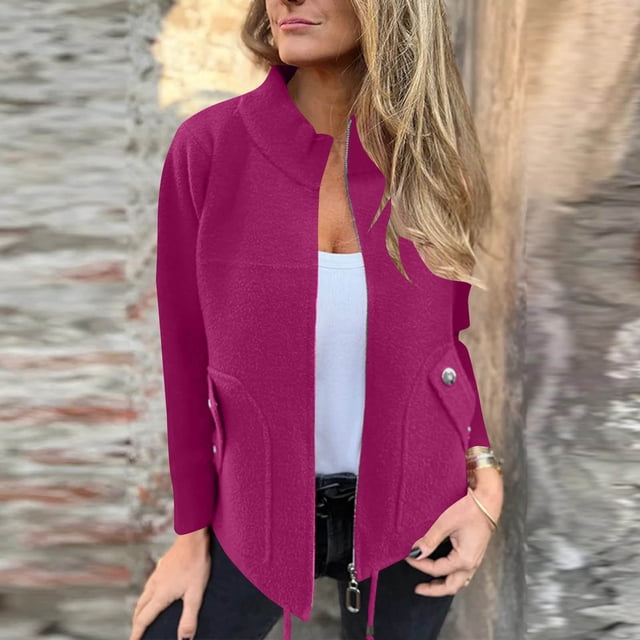 Blusa de poliéster para mujer, de manga larga, informal, sin capucha, con cremallera, deportiva, de color liso