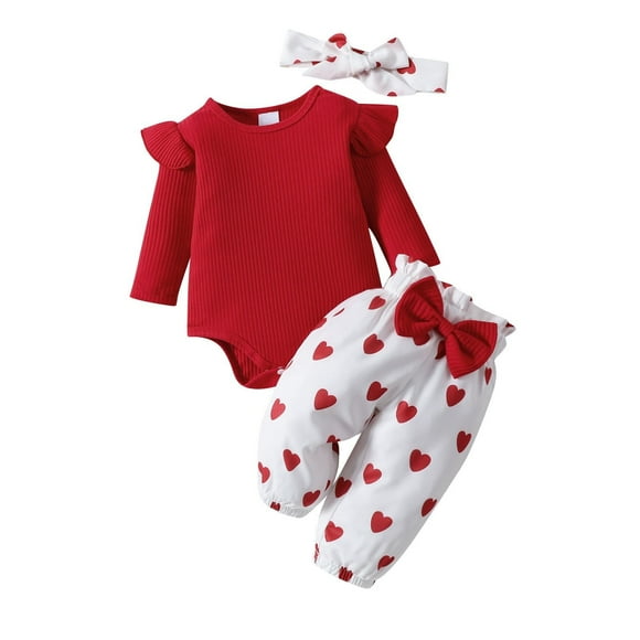 Odeerbi 0-18 Meses Niñas Día de San Valentín Conjuntos Canastilla Conjunto de Algodón Body Pantalones de Chándal Con Cinta Para La Cabeza de Tres Piezas Conjunto Mono Arco Amor Pantalones