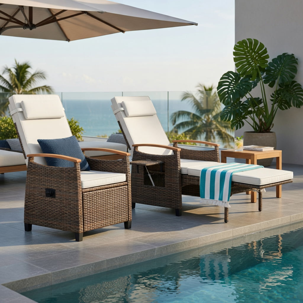 Hommoo Adjustable Outdoor Wicker Recliner Chair with Footrest & Removable Cushions, PE Rattan Patio Seating for Backyard, Porch, Balcony, White