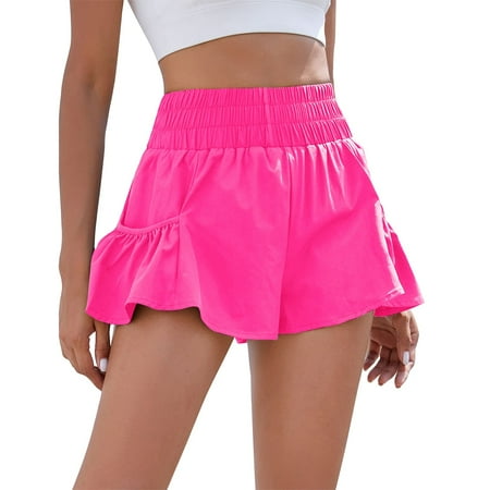 ZPYESWOW Bike Shorts Women Tummy Control Women s Solid Color High Waist Shorts Sports Running Shorts Workout Gym Flowing Shorts with Pockets Summer Shorts Women Hot Pink XXL