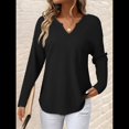 thumbnail image 4 of Blusas para Mujer, de Punto Gofre, de Larga, con Cuello en V y Muescas, Informales, Modernas, de Color Liso, Holgadas. Negro XXL, 4 of 8