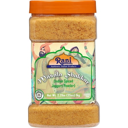 Rani Masala Shakkar (Indian Spiced Jaggery Powder) Unrefined Raw Cane Sugar 35oz (2.2lbs) 1kg PET Jar ~ Gluten Friendly | Vegan | NON-GMO | Kosher | No Salt or fillers | Indian Product