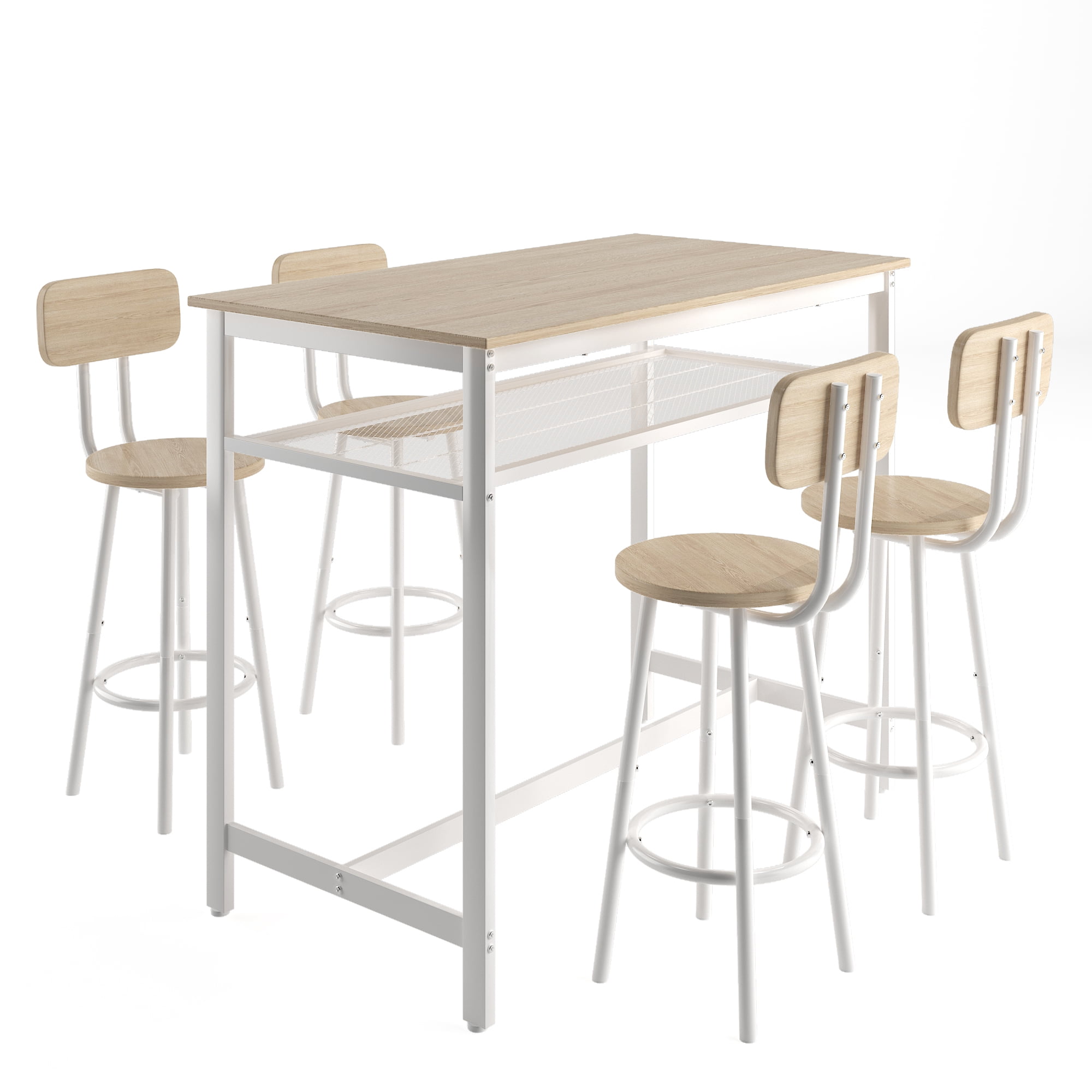 Aukfa 5-Piece Bar Table Set with Metal Shelf, Counter Height Dining Table & 4 Stools, Space-Saving Kitchen Pub Set for Small Spaces, Oak - Industrial Style