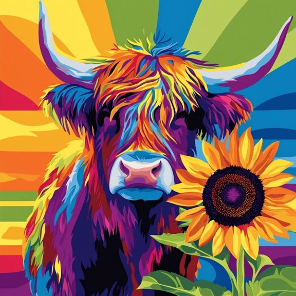 Rainbow Highland Cow and Sunflower DIY 5D Diamond Art Painting by Number Kits for Adults Paint with Full Drill Round Diamond Gems Painting Art Craft for Home Wall Decoration 13.8x13.8in