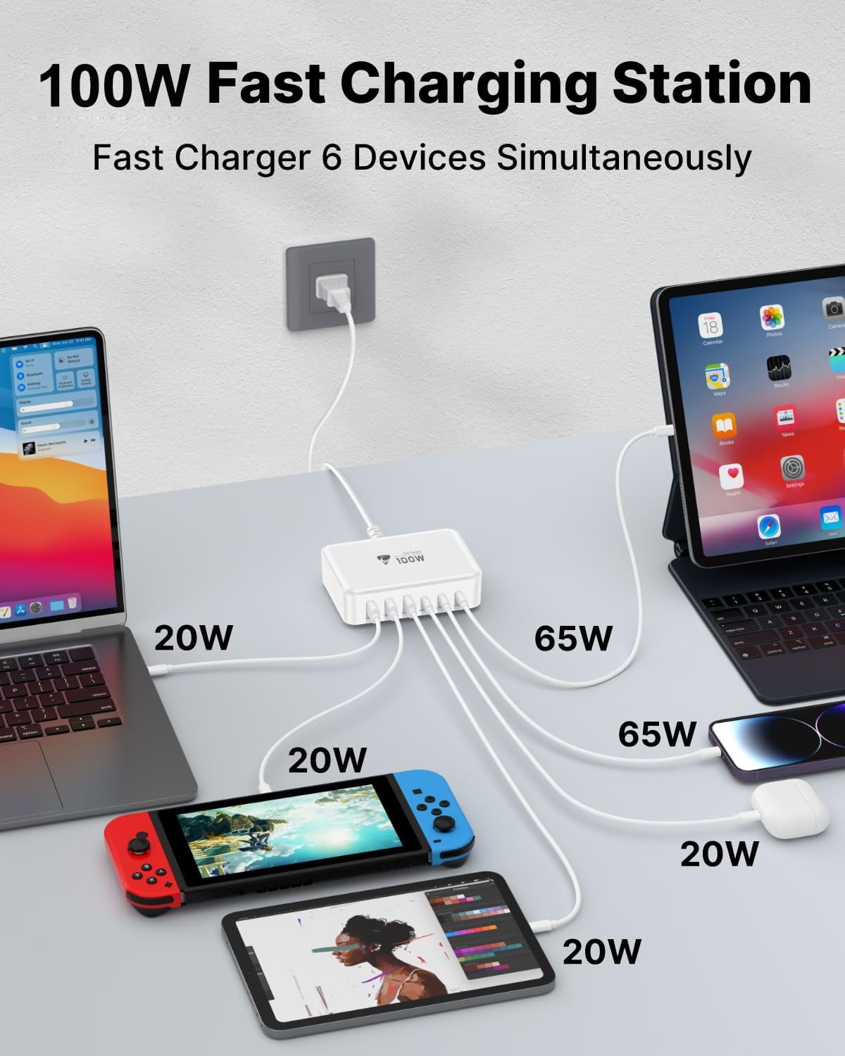 JJEAN-USB C Fast Charger, 100W GaN 6 Port USB C Fast Charging Station Hub Block Cube, QC USB A and PD USB C Wall Charger Power Multiple USB Charger Plug for iPhone 17 16 15 14 13 12 Pro Max, iPad, Sa