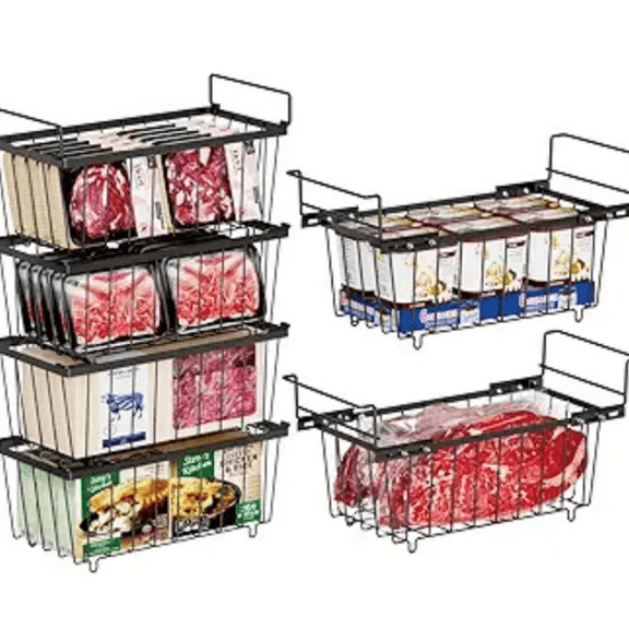 Chest Freezer Organizer Bins - 15.8" to 18.1" Extendable Length Freezer Baskets for Chest Freezer, 7 Cu.Ft Deep Freezer Organizer Bins, 2 Hanging Baskets and 4 Stackable Bins, 6 Pack Black
