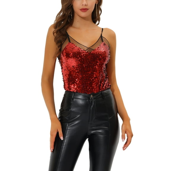 Allegra K Women's Halloween Costume Sequin Mesh Panel Sleeveless Clue Cami Top