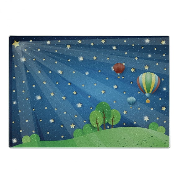 Balloon Cutting Board, Cartoon Balloons Floating in the Night Sky over the Hills Environment, Decorative Tempered Glass Cutting and Serving Board, in 3 Sizes, by Ambesonne