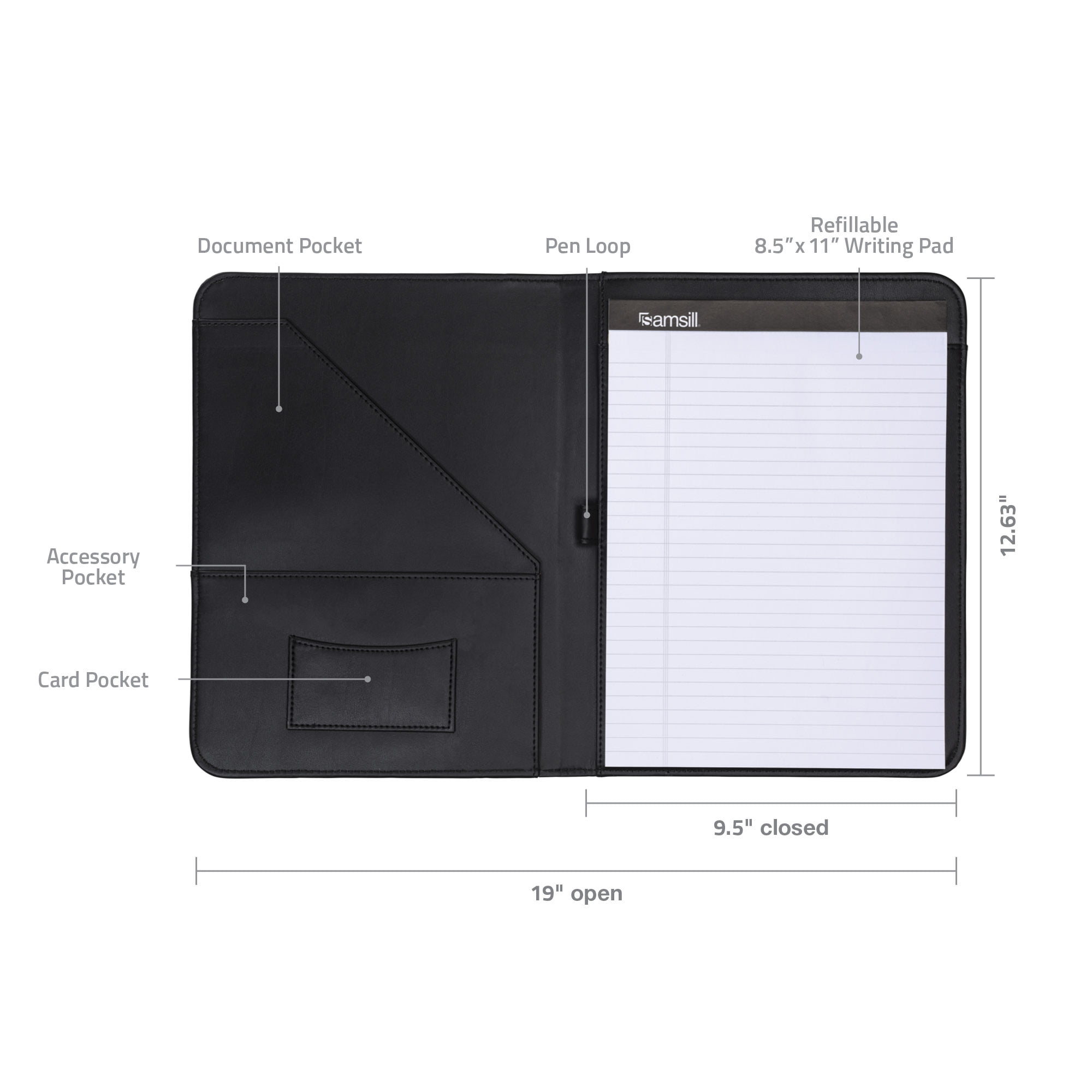 5 x 8 Mini Writing Pad Samsill Contrast Stitch Leather Small Portfolio Black Junior Portfolio Folder/Business Padfolio for Men & Women