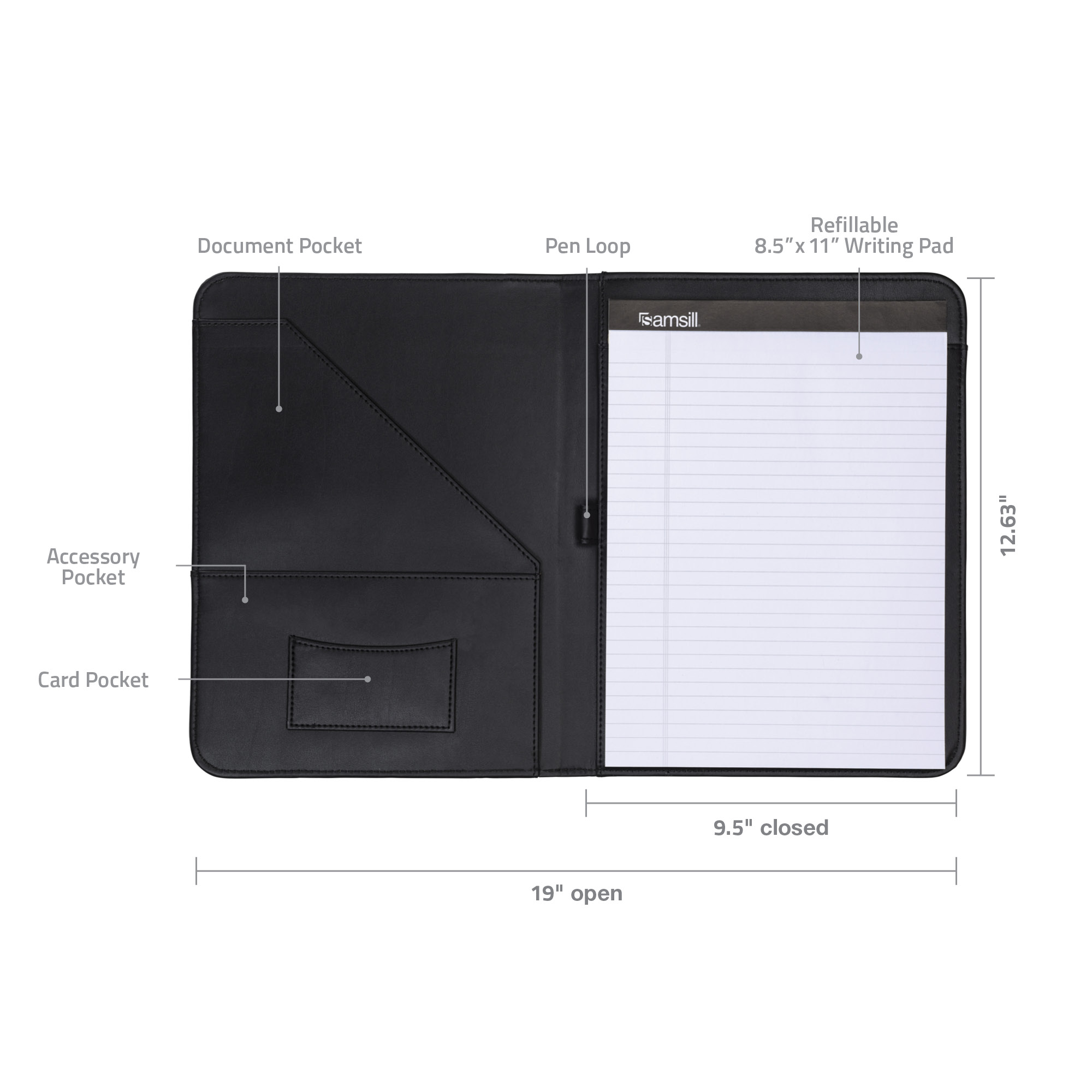 Samsill Contrast Stitch Leather Padfolio 85x11 Writing Pad Included Black 1539