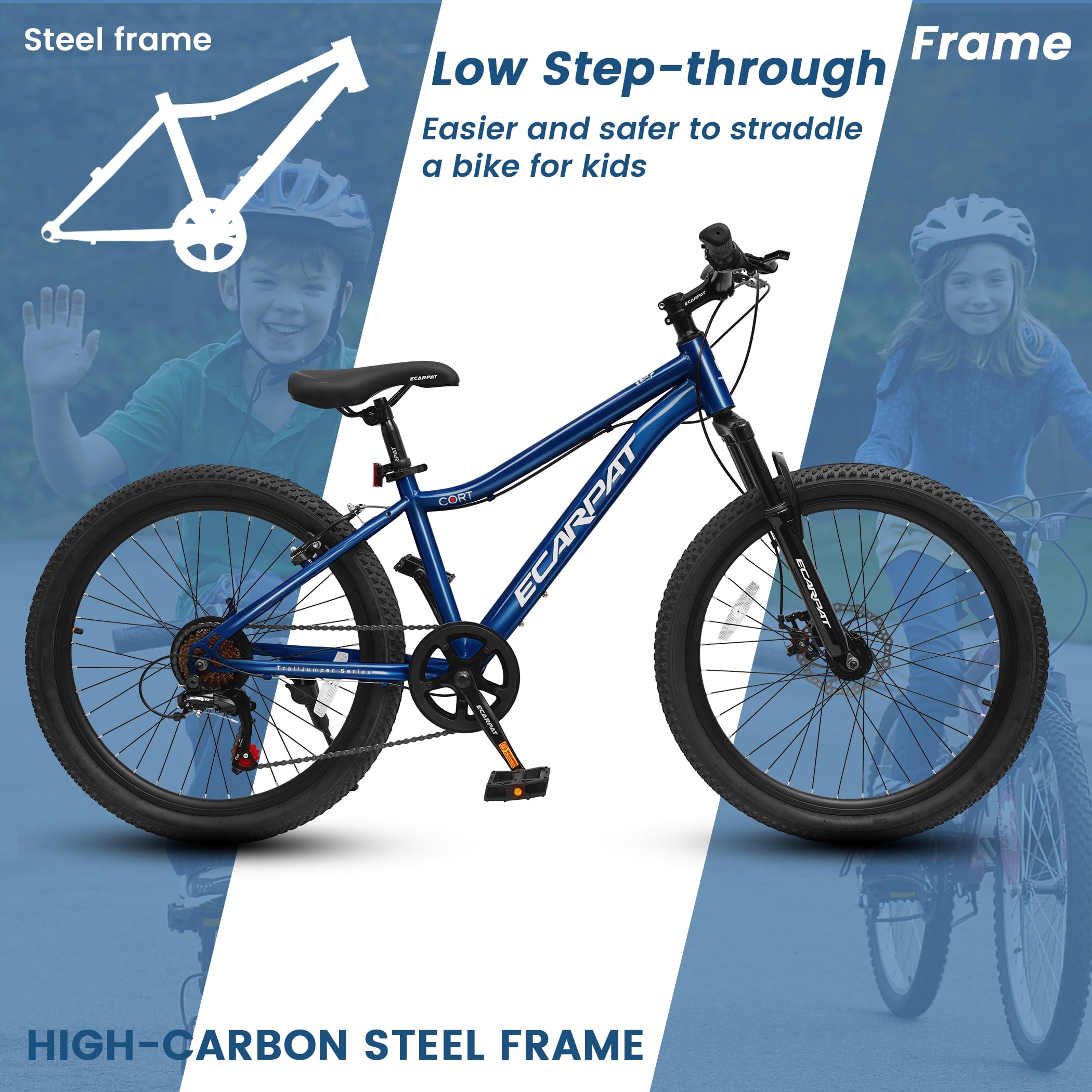 24 Inch Mountain Bike for Teenager, 7 Speed Mountain Bicycle with Front Suspension, Front Disc Brake and Rear V-Brake, Carbon Steel Frame Outdoor Cycling City Bike, Blue