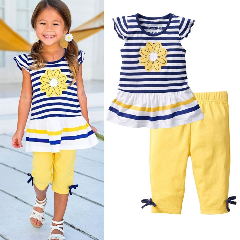 Newborn Toddler 2PCS Baby Girls Flutter Sleeve Daddys Sunshine T-Shirt Tops and Floral Pants