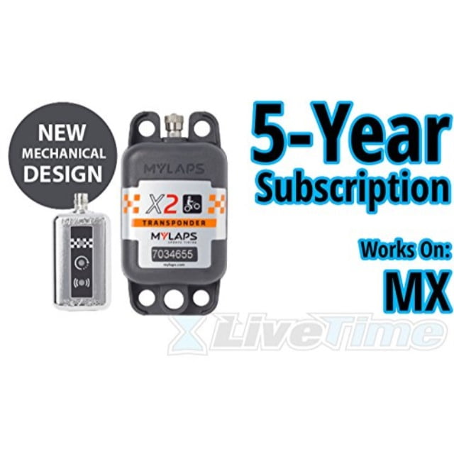 mylaps x2 transponder, rechargeable, for mx motocross, includes 5-year subscription