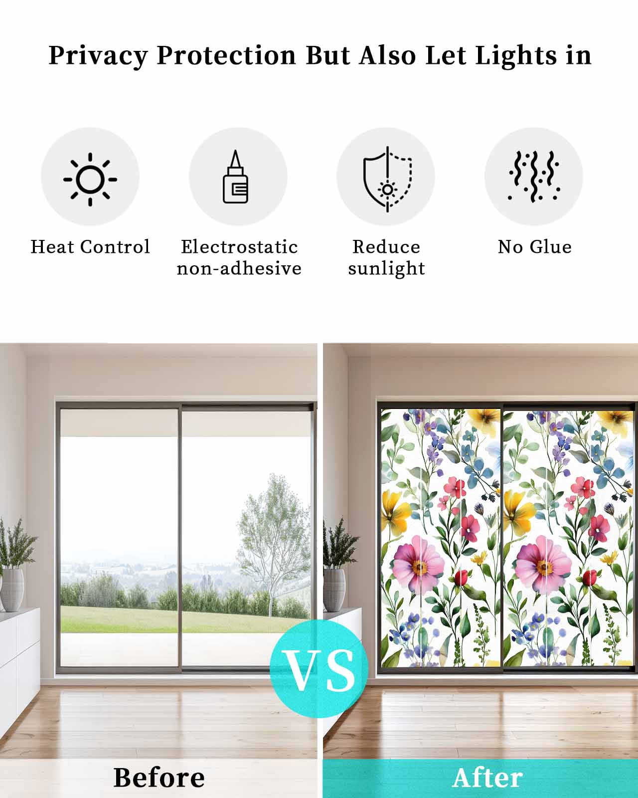 Window Privacy Film Spring Flower Stained Glass Window Film Decorative Sun Block Window Cover Retro Farm Summer Leaf Plant Watercolor Window Clings Static Adhesive Sticker for Bathroom 23.6"x59"
