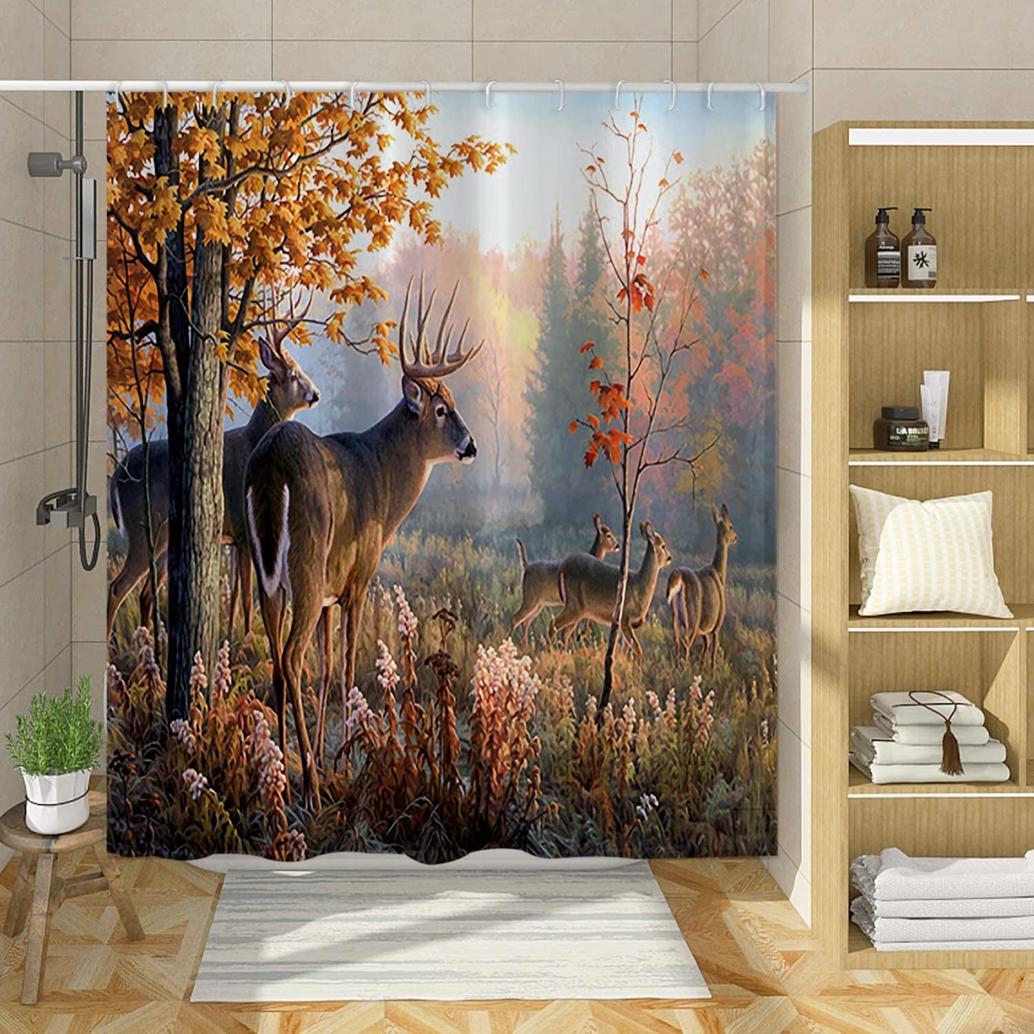 Deer Shower Curtains, Wildlife Reindeer Herd Maple Trees Forest Rustic