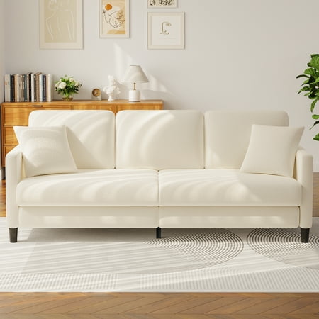 83" Comfortable Upholstered Sofa, 3 Seater Couch for Living Room, Neche Big Loveseat with Extra Deep Seats , 2 Pillows, Beige White