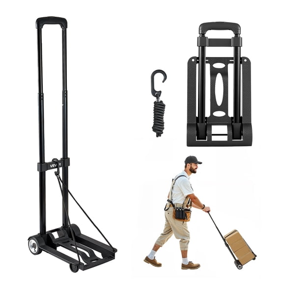 VEVOR Folding Hand Truck, 110 lbs Load Capacity, Collapsible Luggage Cart with 2 Wheels & 1 Elastic Rope, Utility Dolly Platform Cart for Airport Travel Furniture Luggage Office Moving, Black