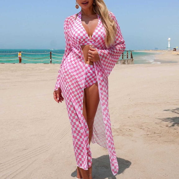 LEKWK High Waisted Bikini Sets for Women Checkered Halter V Neck Cheeky Swimsuit with Cover Ups Kimono 3 Piece Bathing Suits Summer Vacation Pool Beachwear