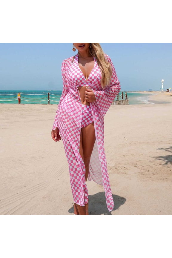 Three Piece Swimsuit for Women Checkered High Waisted Bikini Set Halter Neck Top with Long Sleeve Cardigan Summer Vacation Beach Bathing Suit