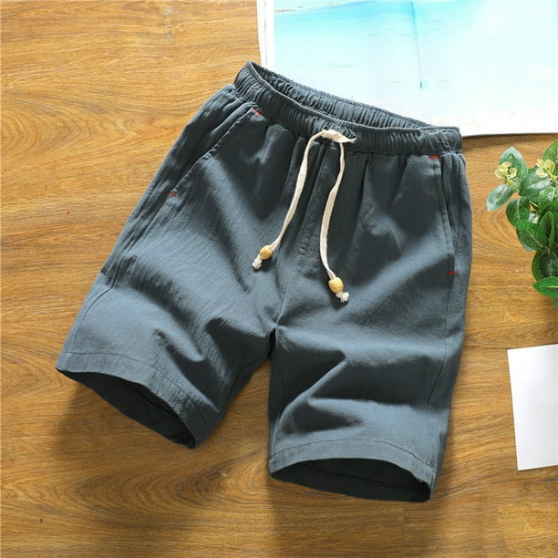 pstuiky Pantalones cortos para hombre, Pantalones cortos casuales de lino con bolsillo y cintura elástica para hombre, de color liso Pantalones cortos de entrenamiento