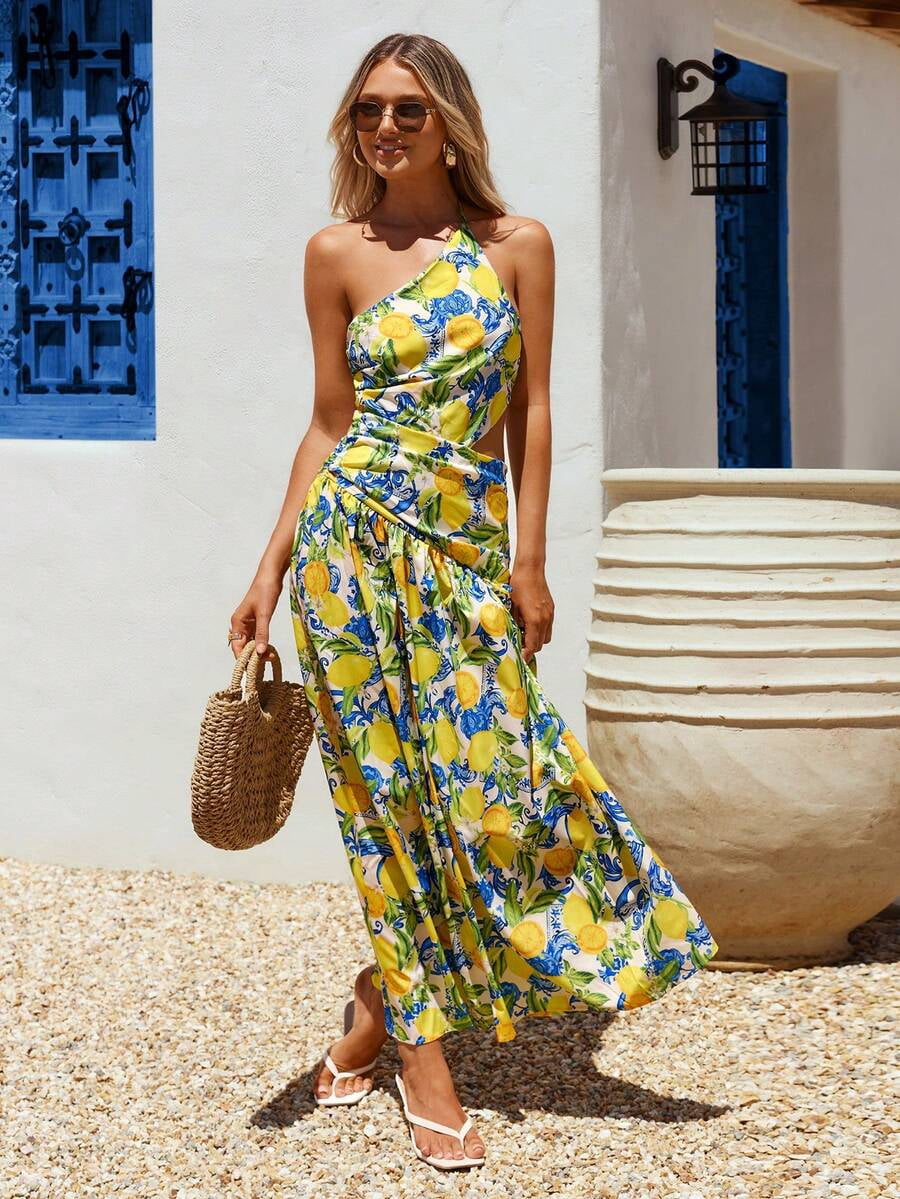 Kirablend Soleil Lemon-Print Halter Open-Back Maxi Dress