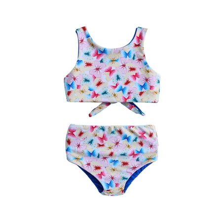 Toimothcn Girl s Swimsuit Sleeveless Casual Butterfly Printed 2 Peice Bikini Set Quickly Dry Cover Up Swimwear 2-3 Years