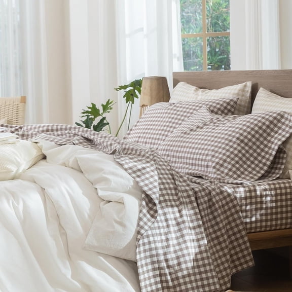 Gingham Sheet Set 100% Washed Cotton Linen-Like Deep Pocket Queen