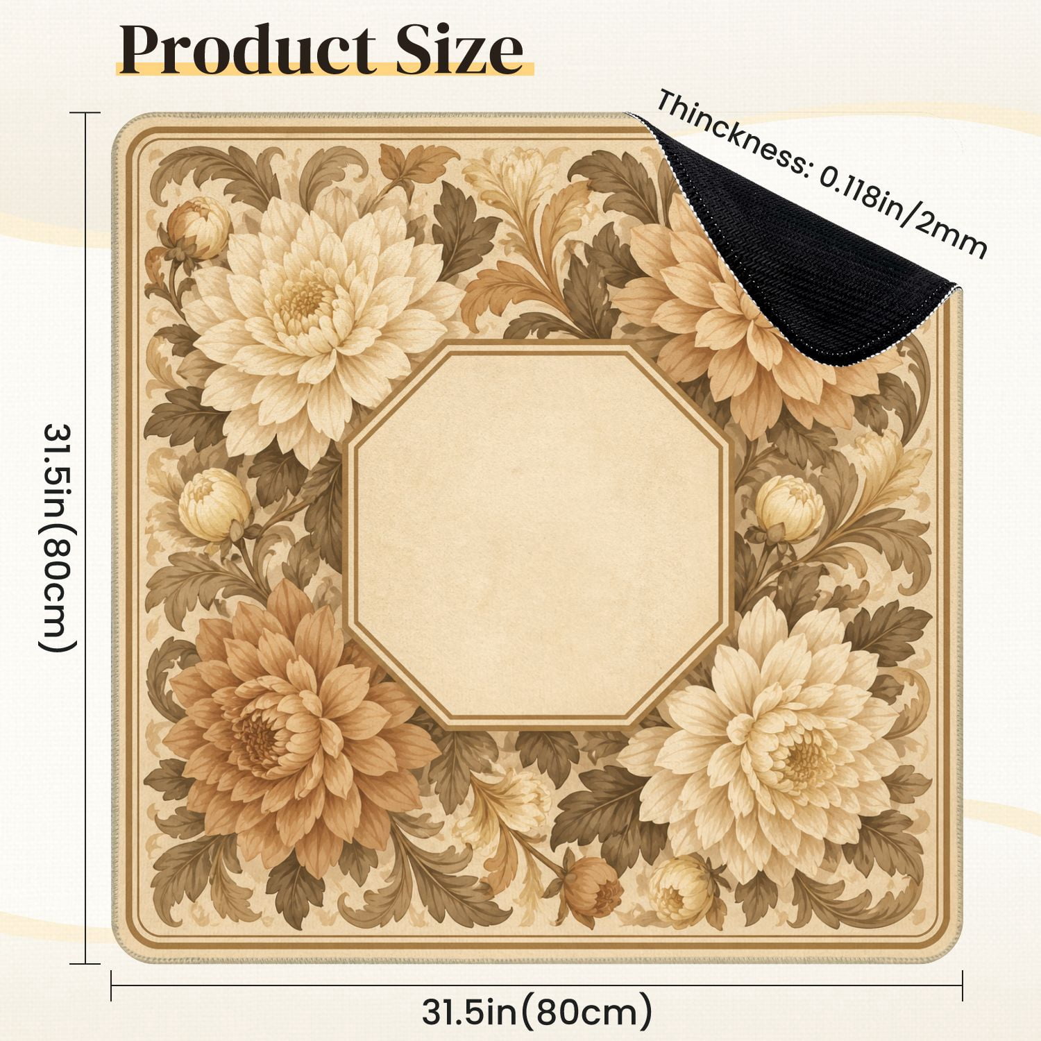 Mahjong Mat 31.5" x 31.5" Vintage Floral Frame Large Beige Brown Chrysanthemum Flowers Non-Slip Noise Reduction Mahjong Tiles Table Cover for Dominoes Poker Card Board and Tile Games