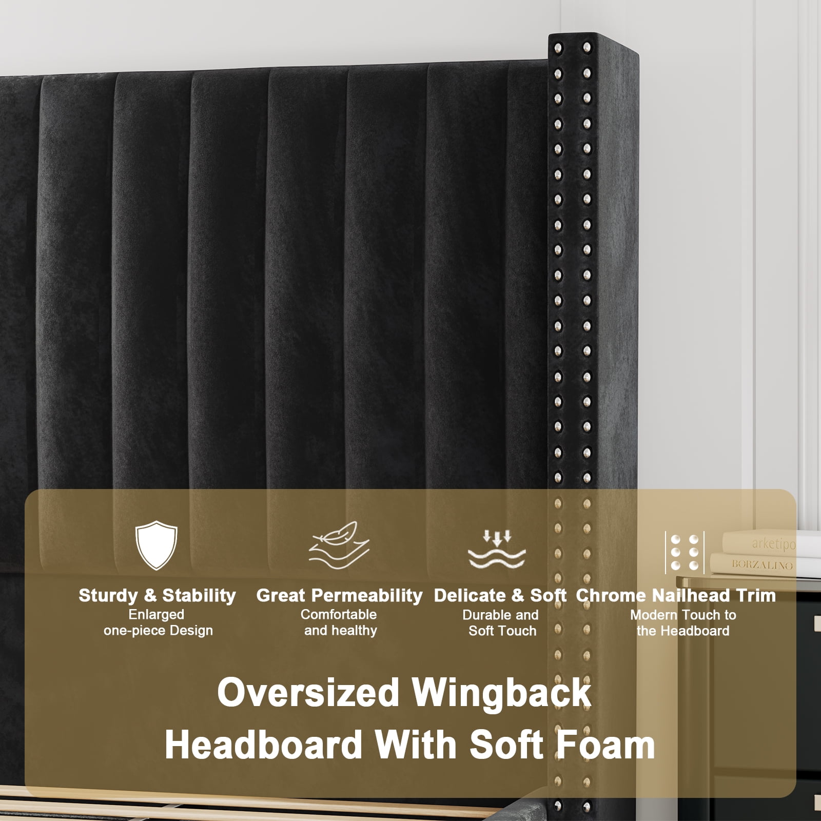 Merluxy Bed Frame King Size Upholstered Bed Wingback Headborad Velvet Channel Tufted/No Box Spring Needed/Black