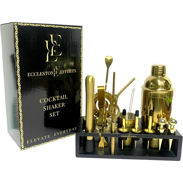 18 Piece Bar Cocktail Shaker Set with Stylish Bamboo Stand (Gold)