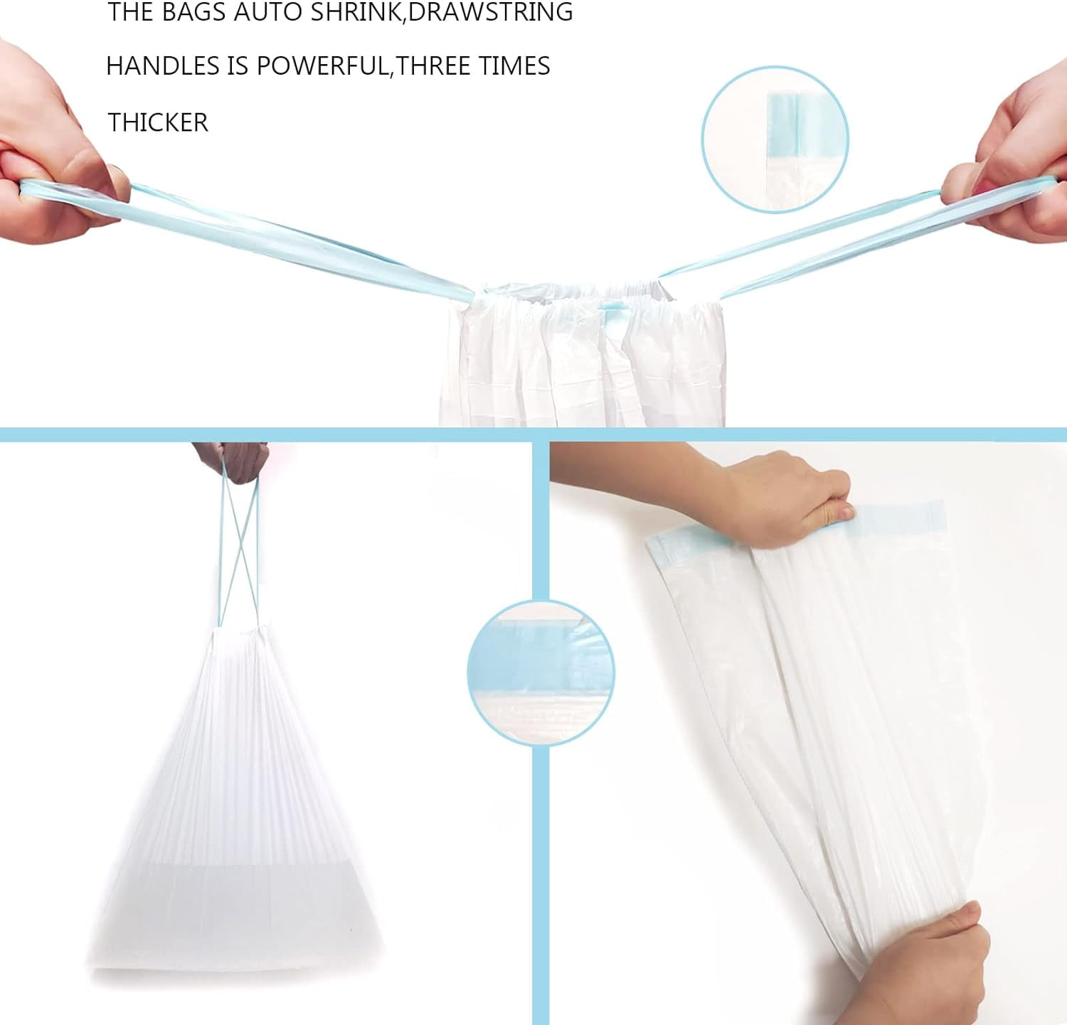 Trash Bags 3.2 Gallon, 100 Pcs Bathroom Garbage Bags, Blue Strap Kitchen Garbage Bags(White) With Drawstring Quickly Pack Garbage, Waste Basket Liners