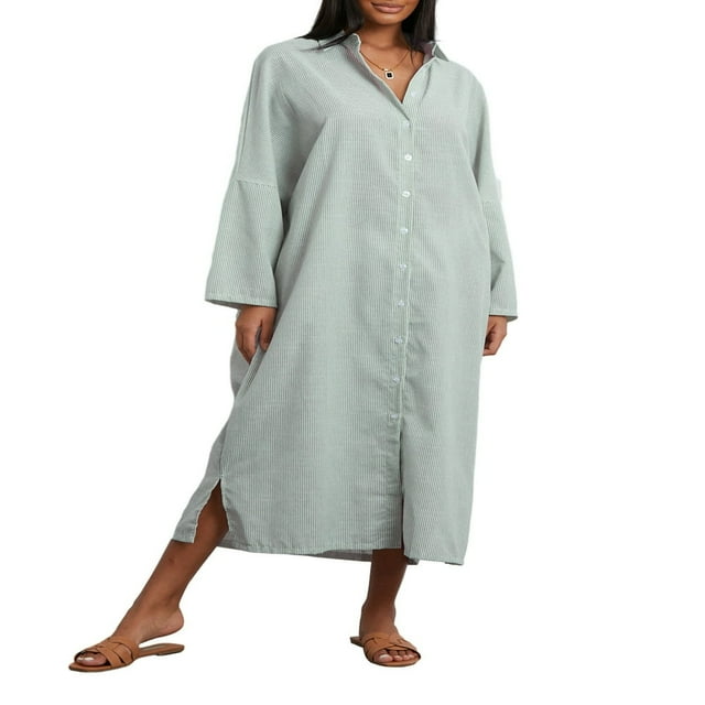 Robe Chemise Rayée pour Femmes avec Col Rabattu et Manches Longues