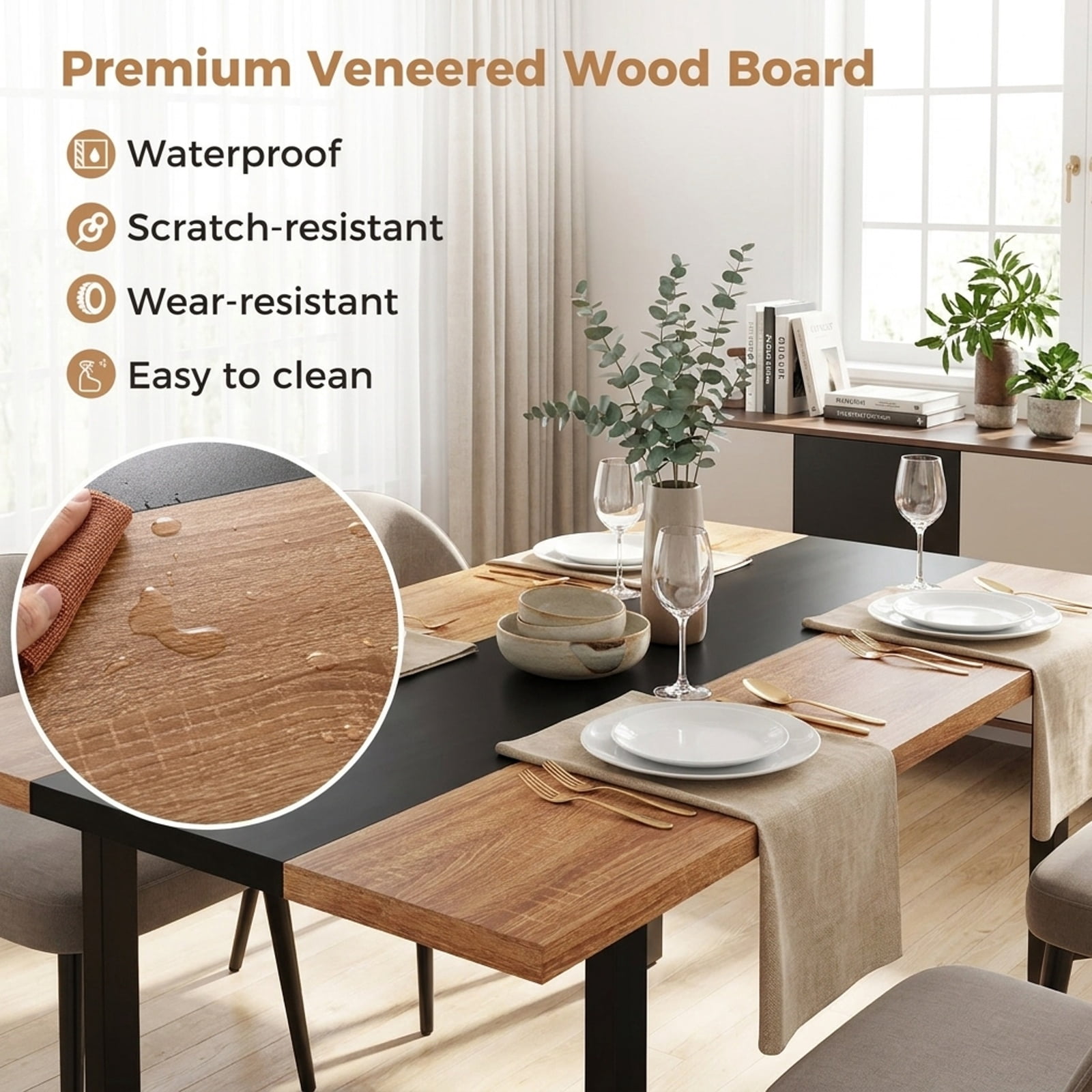 Furnibear 6 Feet Dining Table with Heavy-Duty Metal Frame for 6-8 People for Kitchen Dining Room Breakfast Nook Small Space Home, Natural