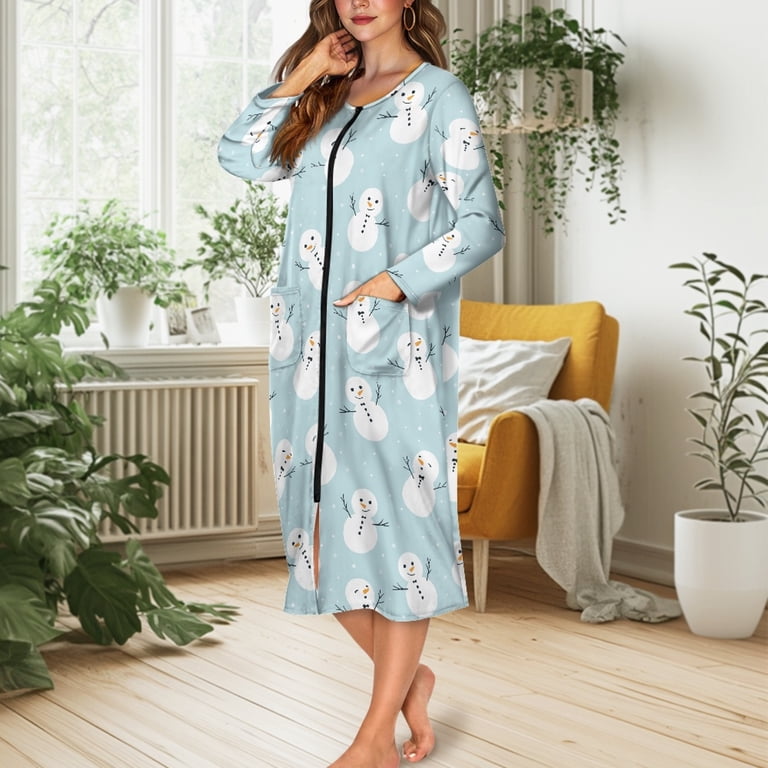ForUDesigns for U Designs Snowman Blue Pattern House Dresses for Women Soft Long Sleeve Night Gowns Lightweight Woven Housecoat with Pockets, House